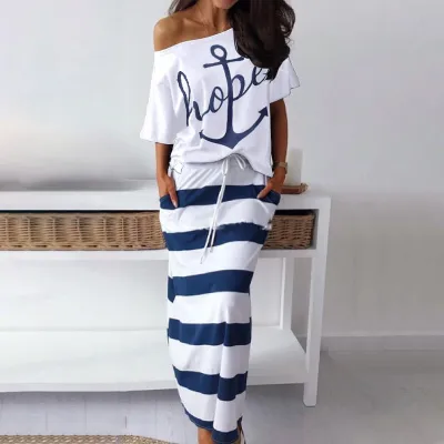 Women Casual Edgy Graphic Printed Top And Striped Color Blocking Skirt Set