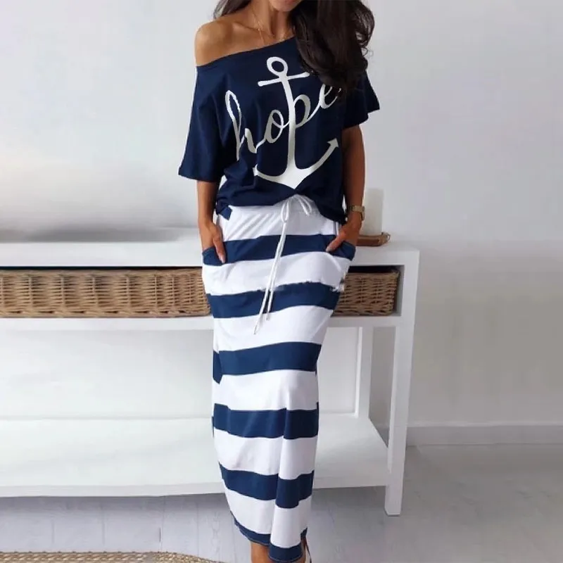 Women Casual Edgy Graphic Printed Top And Striped Color Blocking Skirt Set