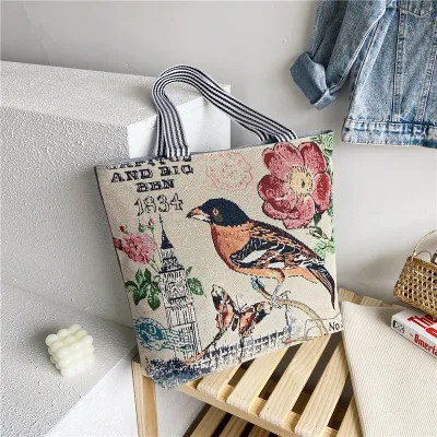 Women's Fashion Ethnic Cartoon Embroidered Canvas Large Capacity Tote Shoulder Bag