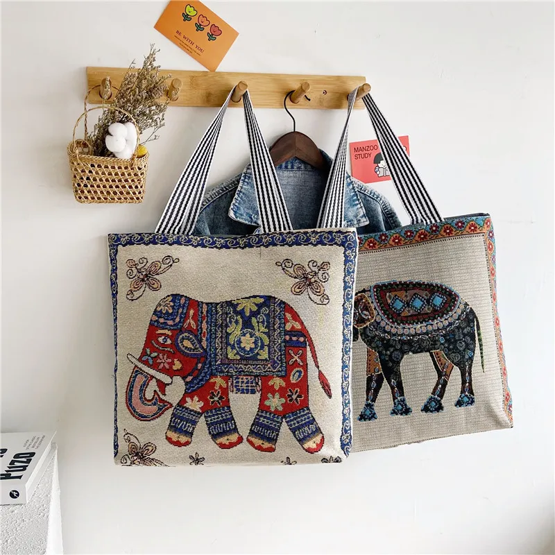 Women's Fashion Ethnic Cartoon Embroidered Canvas Large Capacity Tote Shoulder Bag