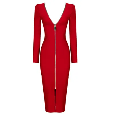 Women Elegant Sexy Solid Color Work Zipper Long Sleeves Bodycon Dress
