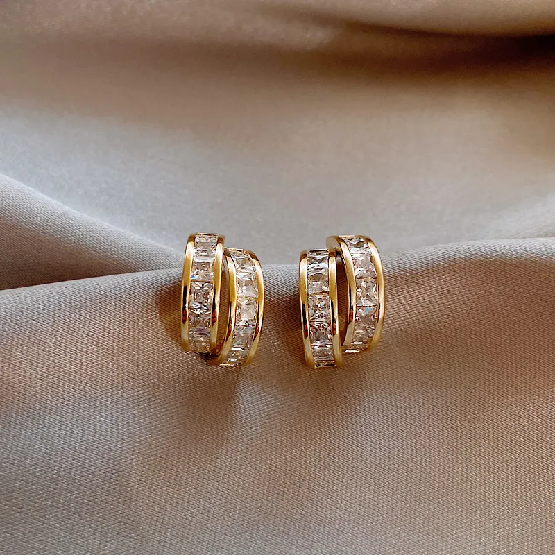 Geometric Arc Drop Earrings with Zircon Inlay for Women, Gold