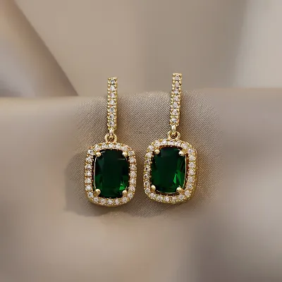 Elegant Exquisite Geometric Green Crystal Drop Earrings for Women