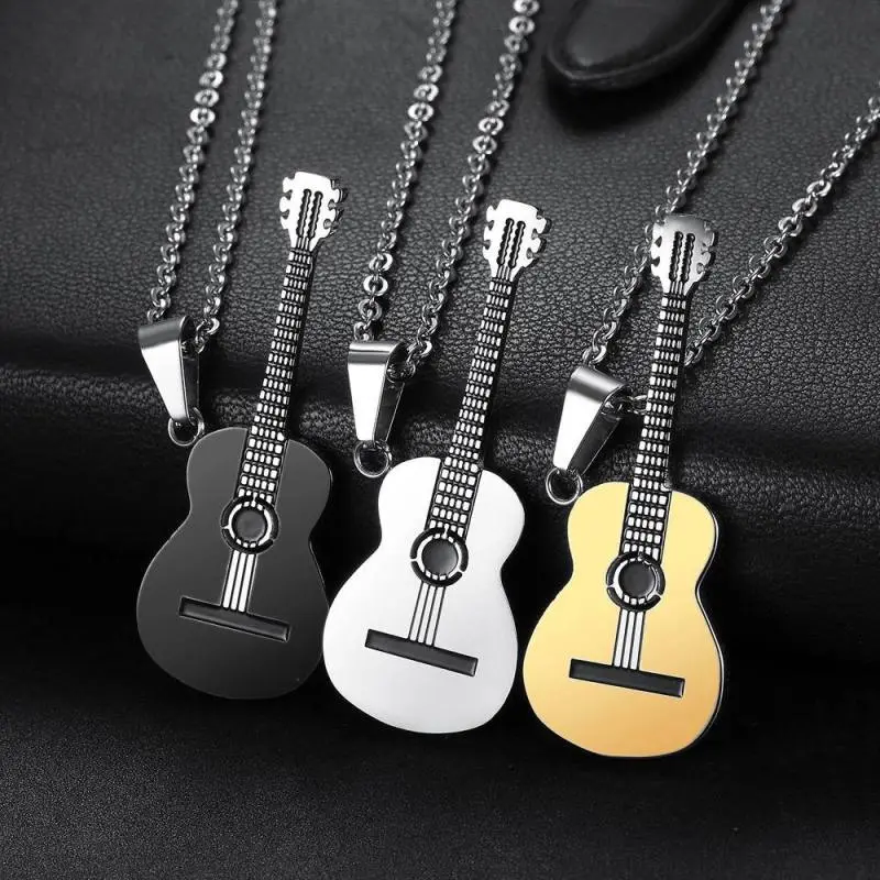 Creative Unique Guitar Pendant Titanium Steel Necklace Unisex Geometric Chain