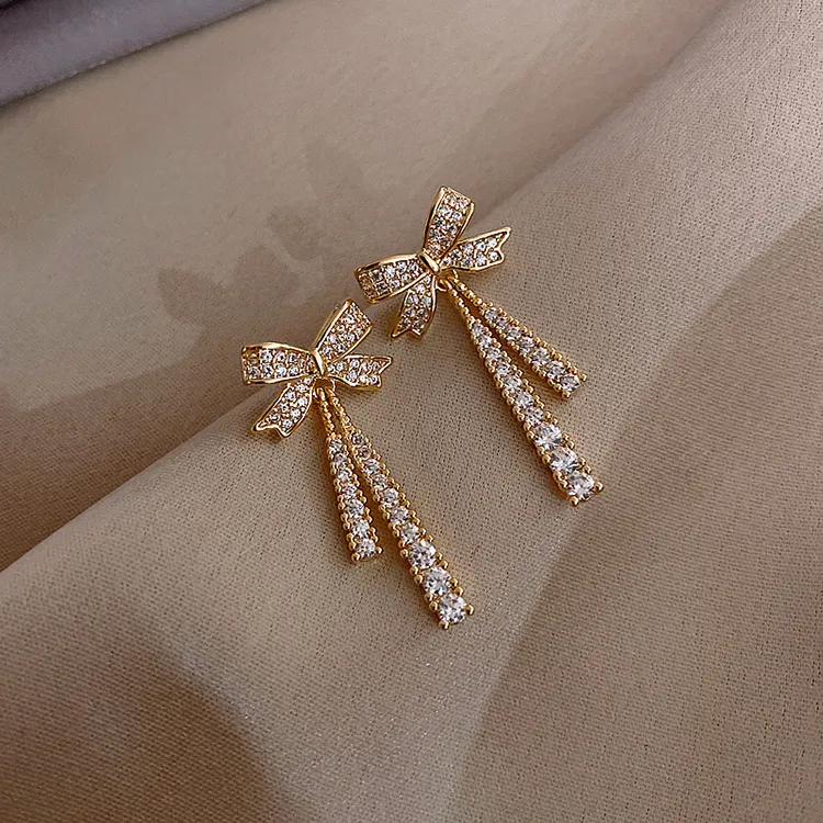 Classic Zircon Bow Design Dangle Drop Earrings for Women Copper Alloy Semi-Precious Stone
