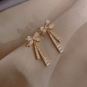 Classic Zircon Bow Design Dangle Drop Earrings for Women Copper Alloy Semi-Precious Stone
