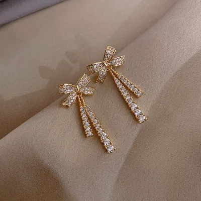 Classic Zircon Bow Design Dangle Drop Earrings for Women Copper Alloy Semi-Precious Stone