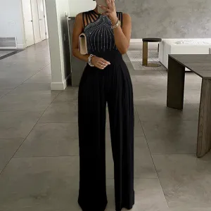 Summer Women Sexy Elegant Cut Out Casual Sleeveless Rhinestone Wide Leg Jumpsuits