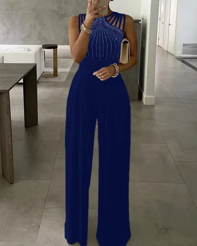 Summer Women Sexy Elegant Cut Out Casual Sleeveless Rhinestone Wide Leg Jumpsuits