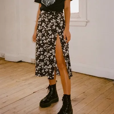 Women Casual Sweet Leopard Flower Printed Summer A-line Side-slit Skirt