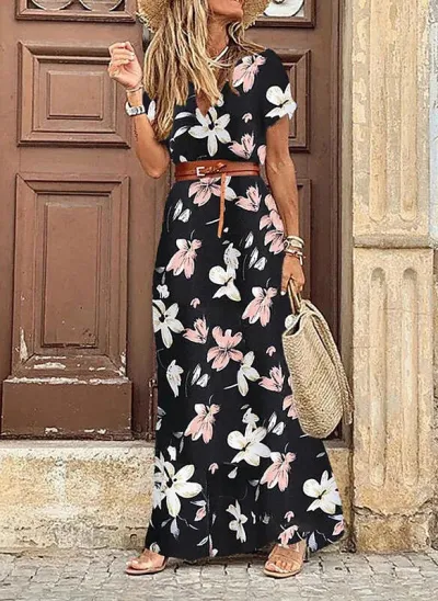 Women Bohemian Vintage Summer V Neck Short Sleeves Maxi Dress With Belt