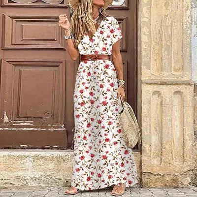 Women Bohemian Vintage Summer V Neck Short Sleeves Maxi Dress With Belt