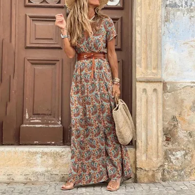 Women Bohemian Vintage Summer V Neck Short Sleeves Maxi Dress With Belt