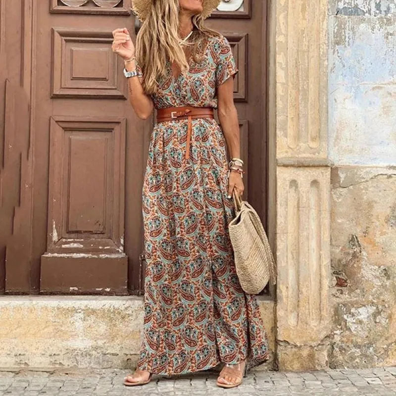 Women Bohemian Vintage Summer V Neck Short Sleeves Maxi Dress With Belt