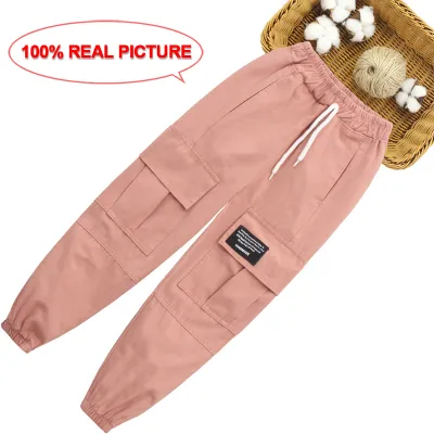 Kids Casual Solid Color Elastic Cargo Pants for Toddler Boys Girls Cotton Blend Regular Fit Spring Autumn