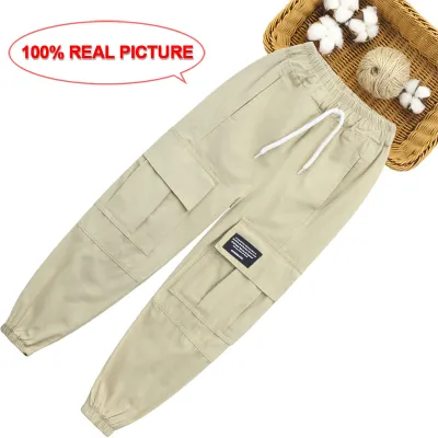 Kids Casual Solid Color Elastic Cargo Pants for Toddler Boys Girls Cotton Blend Regular Fit Spring Autumn