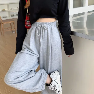 Women Edgy Basic Casual Oversize Sports Solid Color Drawstring Waist Jogger Sweatpants