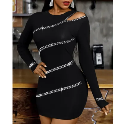 Women Elegant Long Sleeve Cool Shoulder Rhinestone Cut Out Bodycon Dress