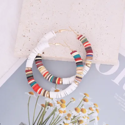 Boho Color Block Soft Pottery Hoop Earrings for Women