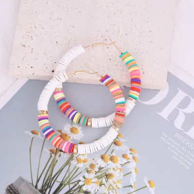 Boho Color Block Soft Pottery Hoop Earrings for Women
