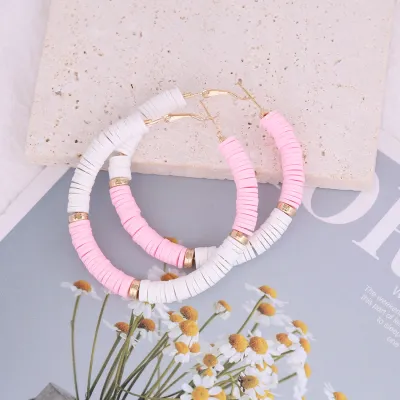 Boho Color Block Soft Pottery Hoop Earrings for Women