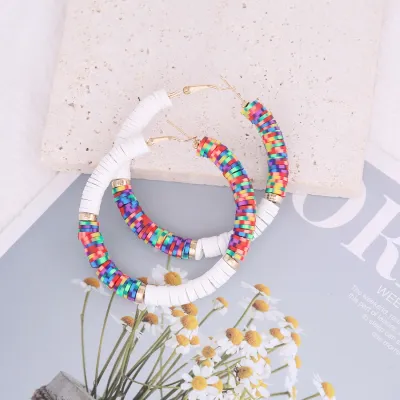 Boho Color Block Soft Pottery Hoop Earrings for Women