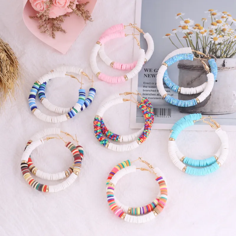 Boho Color Block Soft Pottery Hoop Earrings for Women