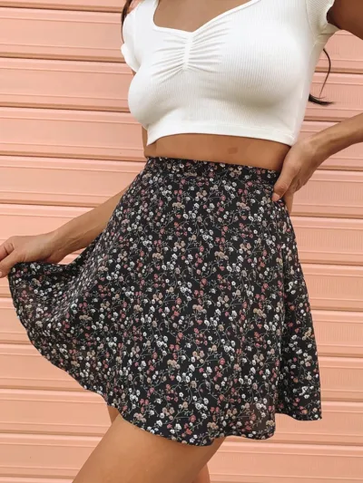 Women Sweet Elegant Boho Floral Print Summer High Waist A-Line Skirt