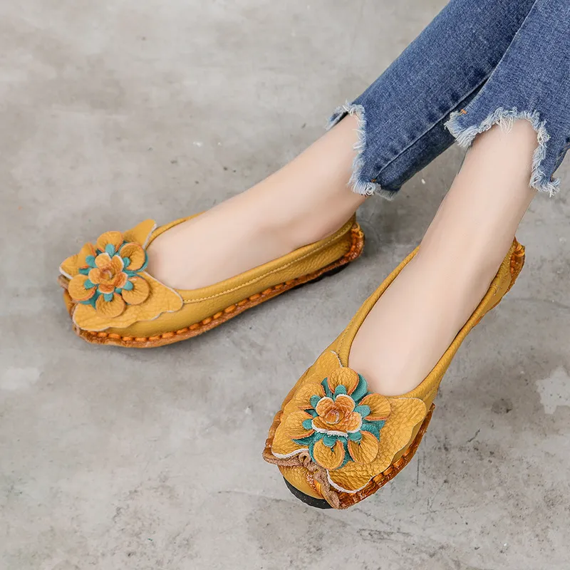 Soft Genuine Leather Flat Shoes Women Floral Design Loafers Casual Slip-On