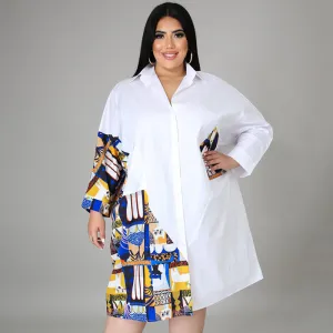 Plus Size Women Casual Elegant Color Blocking Patchwork Single-breasted Long Sleeves Office Shirt Dress