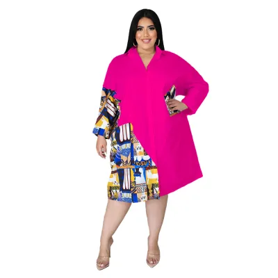 Plus Size Women Casual Elegant Color Blocking Patchwork Single-breasted Long Sleeves Office Shirt Dress
