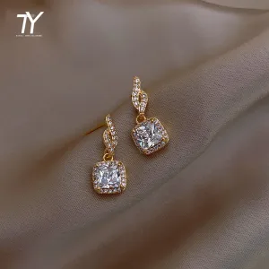 Luxury Shiny Zircon Square Pendant Drop Earrings in Copper Alloy for Women