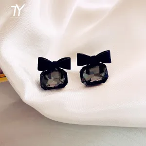 Women Chic Black Bow Square Glass Pendant Drop Earrings Copper Alloy Classic