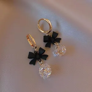 Women Elegant Black Bow Zircon Ball Pendant Copper Alloy Drop Earrings