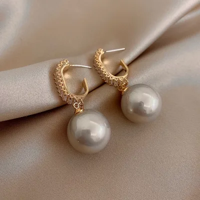 Women Classic Imitation Pearl Zircon Ball Dangle Drop Earrings