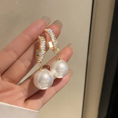 Women Classic Imitation Pearl Zircon Ball Dangle Drop Earrings