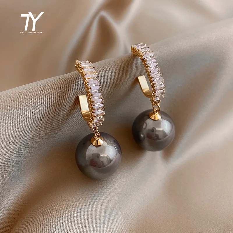 Women Classic Imitation Pearl Zircon Ball Dangle Drop Earrings
