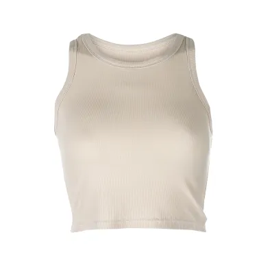 Summer Women Rib Knit Sleeveless Round Neck Crop Tank Top