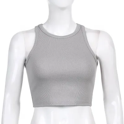 Summer Women Rib Knit Sleeveless Round Neck Crop Tank Top