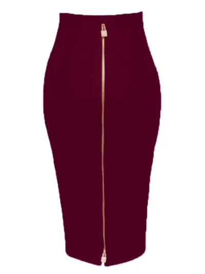 Women Elegant Work Solid Color Zipper Bodycon Skirt