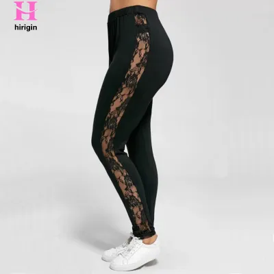 Women Plus Size Mesh Lace Patchwork Solid Color See-through Leggings