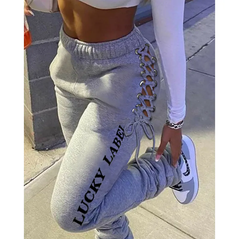 Women Sexy Casual Letter Printed Bandage Lace Up Sweatpants