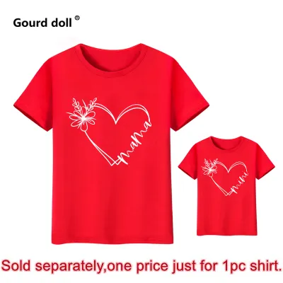 Kids Mother-Parent Child Casual Heart Pattern Round Neck Short Sleeve Loose T-shirt Summer Cotton Print Unisex Family Matching Outfits