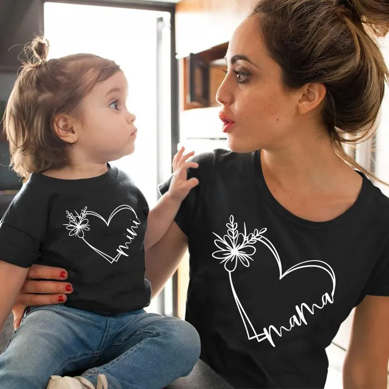 Kids Mother-Parent Child Casual Heart Pattern Round Neck Short Sleeve Loose T-shirt Summer Cotton Print Unisex Family Matching Outfits