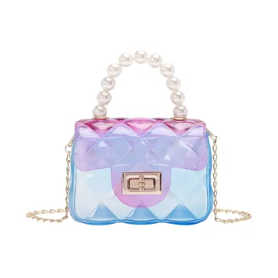 Kids Girls Candy Color Transparent Gradient Pearl Decor Small Square PVC Metal Chain Crossbody Bag