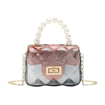 Kids Girls Candy Color Transparent Gradient Pearl Decor Small Square PVC Metal Chain Crossbody Bag