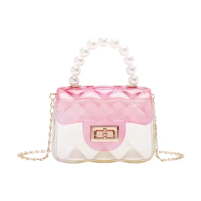 Kids Girls Candy Color Transparent Gradient Pearl Decor Small Square PVC Metal Chain Crossbody Bag