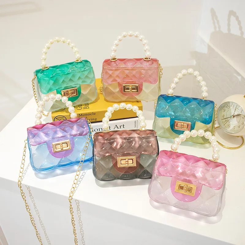 Kids Girls Candy Color Transparent Gradient Pearl Decor Small Square PVC Metal Chain Crossbody Bag