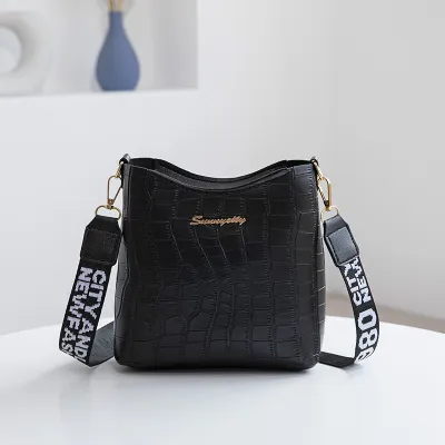 Women Basic Crocodile Pattern Letter Shoulder Strap Design Large Capacity PU Crossbody Bag