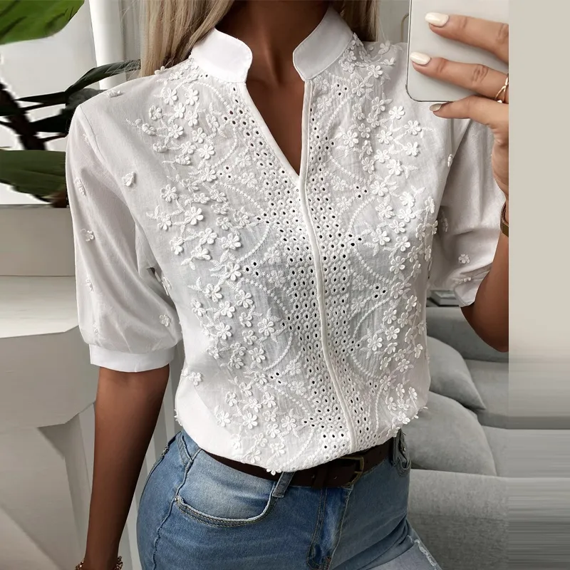 Women Elegant Basic Work Solid Color Hollow Out V Neck Lace Floral Embroidery Short Puff Sleeved Blouse